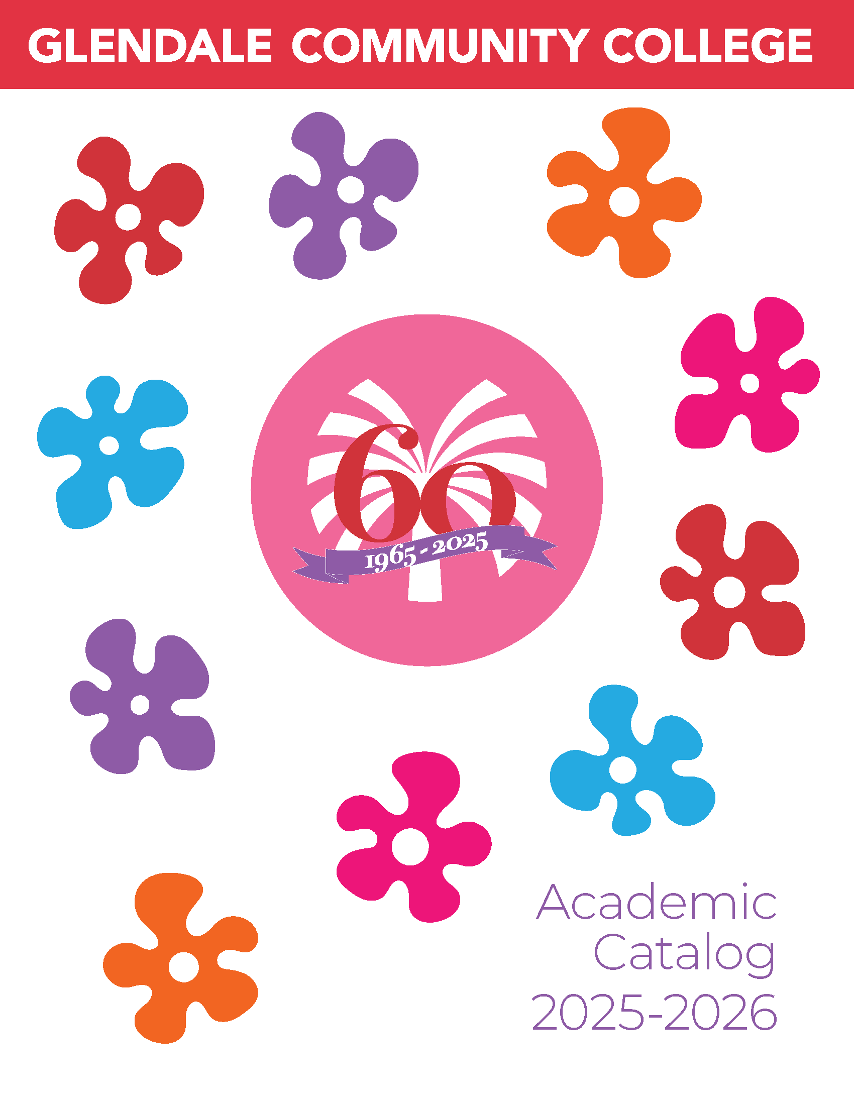Catalog Cover - GCC 60th Anniversary logo in pink and purple with a white palm, surrounded by colorful sixties themed flowers