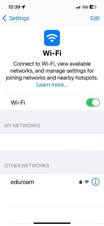 picture showing eduroam wireless network on ios