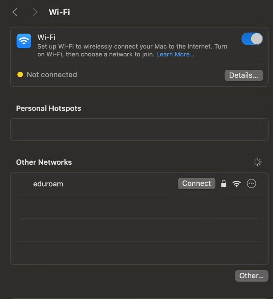 picture of eduroam wireless network in macos