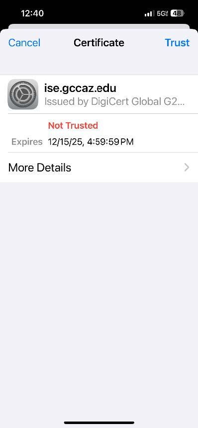 A screenshot of the Certificate dialogue screen in iOS.