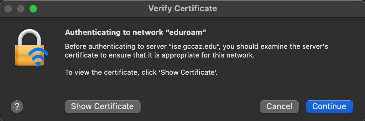 A screenshot of the Verify Certificate dialogue box in MacOS.