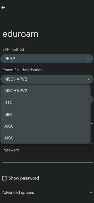 A screenshot of the eduroam network settings screen in Android, selecting MSCHAPV2.