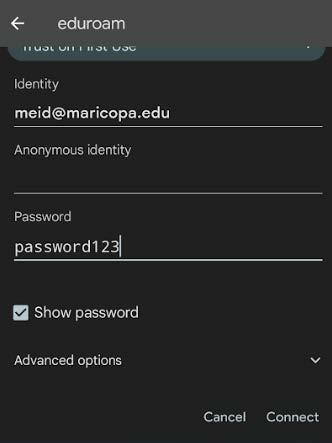 A screenshot of the eduroam network settings screen in Android.