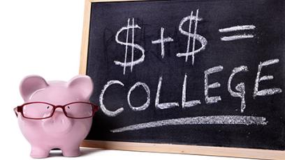 Piggy bank in front of a chalkboard with the words, "$ + $ = College"