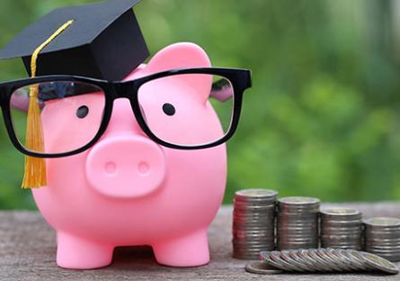 Pink piggy bank wearing glasses and a graduation cap, standing next to stacks of coins.