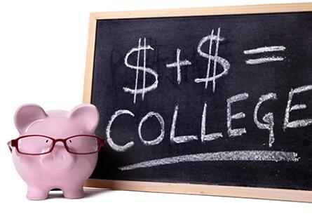 Piggy bank in front of a chalkboard with the words, "$ + $ = College"