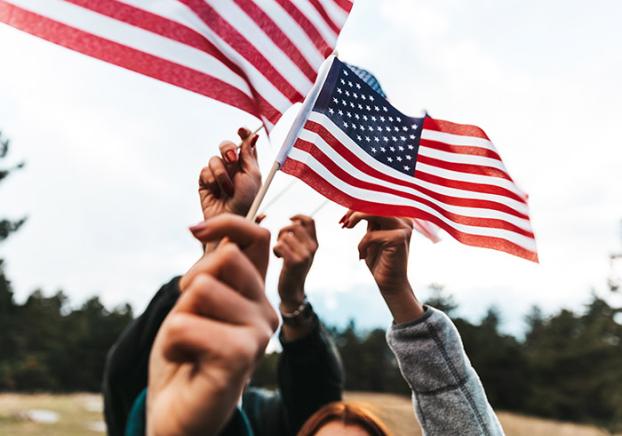 American flags raised in celebration